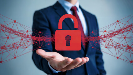 Secure your data with confidence using modern technology solutions, a businessman presenting cybersecurity padlock for online protection, network safety