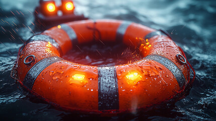 Flotation ring in water at dusk with light reflections Generative AI