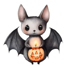 Obraz premium A cute cartoon bat is holding a carved pumpkin (jack-o'-lantern) with a lit candle inside, which is a symbol associated with Halloween. Halloween. Watercolor 2D illustration isolated on transparent ba