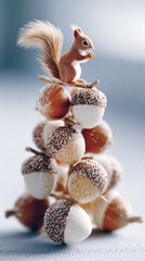 Christmas tree formed built from squirrels holding acorns, festive scarves, sitting in layered pyramid shape, Xmas Season Greetings Festival