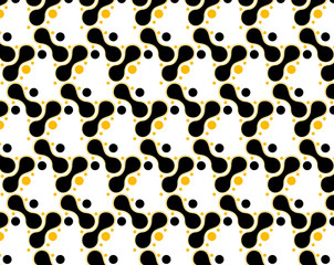 Black and yellow abstract circle seamless pattern design with science, tech, or playful vibe vector background for education, packaging, web, t-shirts, posters, branding.