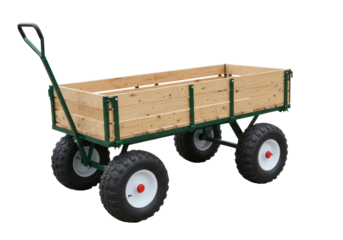 Wooden garden cart with green metal frame isolated on transparent background, heavy duty wagon for hauling and landscaping