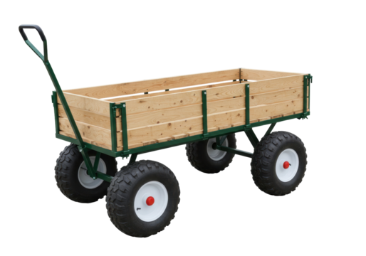 Wooden garden cart with green metal frame isolated on transparent background, heavy duty wagon for hauling and landscaping
