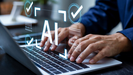 Dynamic hands typing on laptop with AI technology, modern business solutions for efficiency and accuracy in data processing and automation, innovation concept