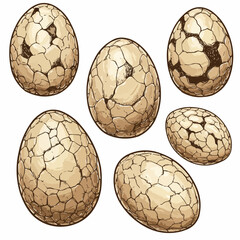 Seven cracked, beige-colored eggs are scattered across a white background, some showing darker patches underneath the shell.