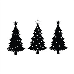 Three black silhouette christmas trees decorated with lights and stars ready for holiday celebration