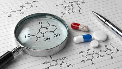 Pharmaceutical research with magnifying glass revealing complex molecule structures for drug discovery and medicine innovation on clean, modern background