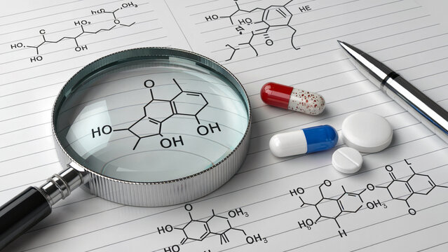 Pharmaceutical research with magnifying glass revealing complex molecule structures for drug discovery and medicine innovation on clean, modern background