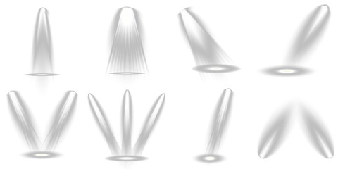 Glow isolated white transparent light effect, sun light with lens flare effect. Spotlight set realistic on transparent bg with reflection on floor. Finally, it includes light beams and a light effect.