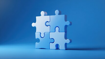 Stunning photo of four jigsaw puzzle pieces connected together on a blue background, concept.