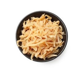 Dried squid shavings in bowl isolated on white, top view