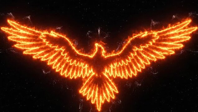 Close-up shot of a vibrant orange neon sign in the shape of an eagle with outstretched wings against a dark background.