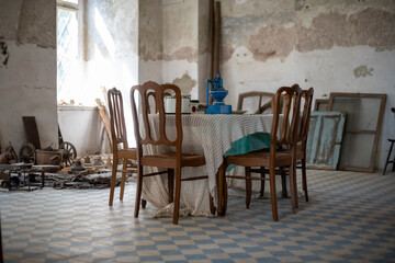 Abandoned Mansion Luxury Palace Castle Interior with Vintage Architecture and Decay