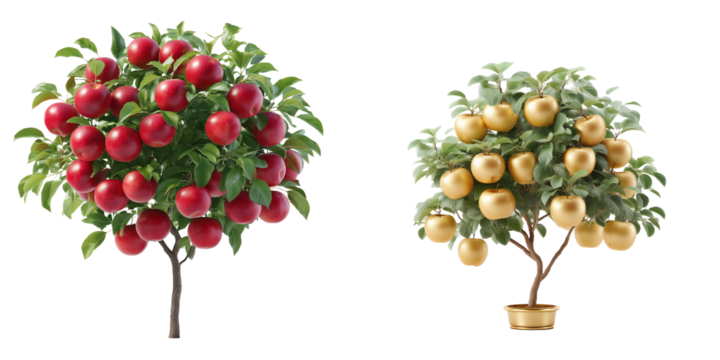 3D Apple Tree with Red and Gold Fruit, Octane Rendered with Ultra Sharp Focus for Easy Background Removal, Isolated on transparent Background - Powered by Adobe