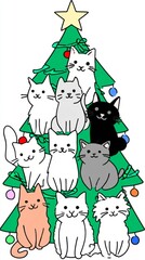 A Christmas tree with a group of cats sitting on it. Christmas concept.