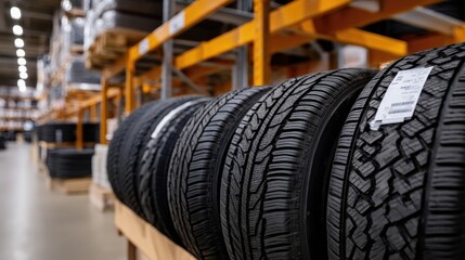 A detailed view of a tire showcases its tread pattern, surrounded by neatly arranged boxes and shelves in a large storage area