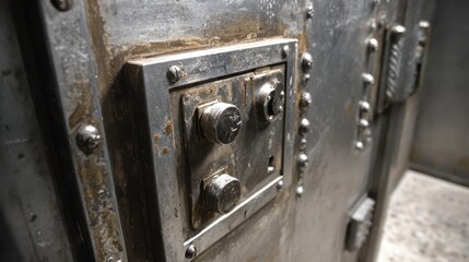 Stunning photo of closeup of a metal vault door with bolts and rivets in a bank.