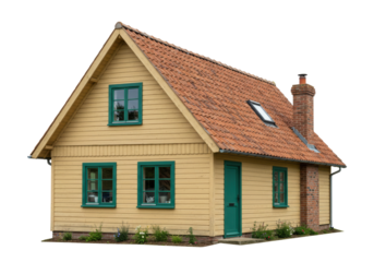 Charming yellow wooden house isolated on transparent background, quaint architecture with red tile roof and green trim, cozy home