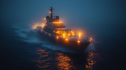 Obraz premium USV navigating through foggy waters at dusk Generative AI