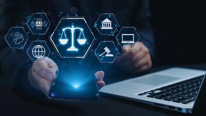 Futuristic digital law interface displaying justice scale, highlighting digital law, AI compliance, digital law systems, and digital law regulations for secure governance. Elide