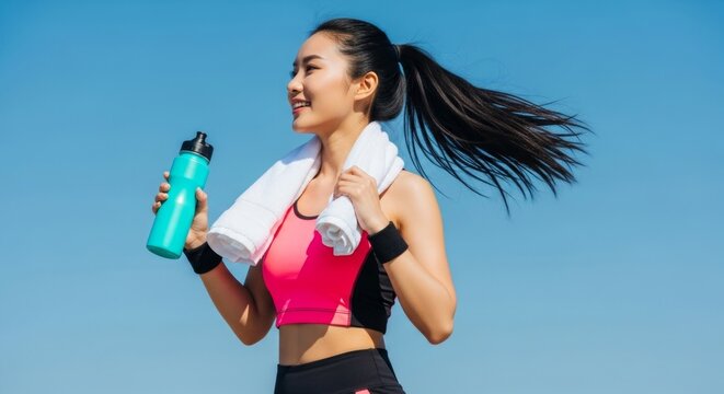 Young Asian woman staying hydrated and refreshed after an intense outdoor workout, embodying health and a vibrant, active lifestyle under a clear blue sky