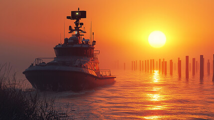 Fototapeta premium Unmanned surface vessel navigating at sunset over water Generative AI