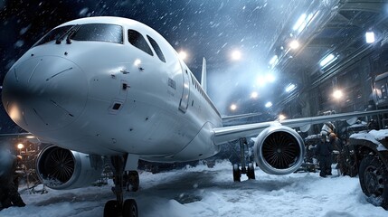 Snow covers the ground as technicians service an aircraft inside a well-lit hangar at night, focusing on routine maintenance