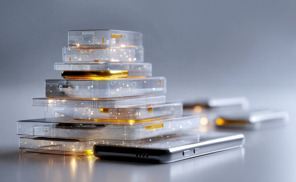 Christmas tree made of stacked smartphones glowing with holiday screens, futuristic style, tech background with copy space, trendy design Xmas Season Greetings