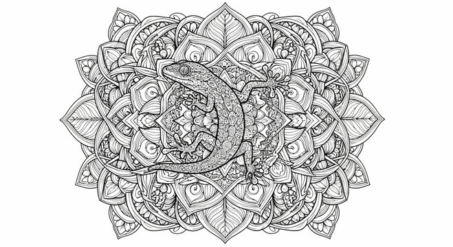 Detailed Gecko on Ornamental Mandala Line Art Illustration