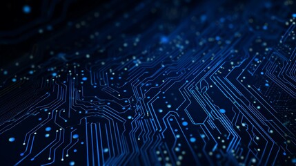 Close-up of a futuristic blue circuit board, with glowing dots & detailed pathways
