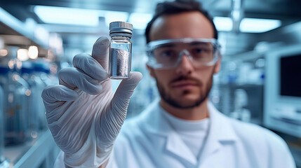 Scientist demonstrates nickel vial in laboratory setting Generative AI