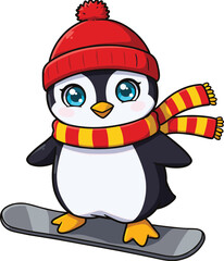 Cute cartoon penguin snowboarding character, winter sports animal mascot, red hat scarf, fun holiday illustration, children design, cad drawing flat vector illustration