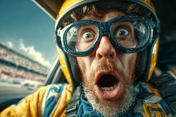 Close-up portrait of a surprised race car driver wearing a helmet and goggles, with an astonished expression on his face, looking at the thrilling race track action.