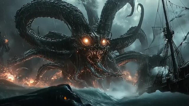 Giant Kraken Attacks Ship in Stormy Sea.