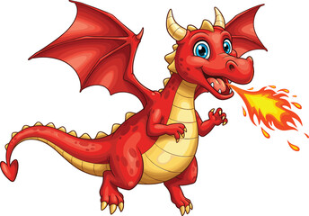 Cute red dragon breathing fire with yellow belly and wings, friendly cartoon fantasy creature design for kids, cad drawing flat vector illustration