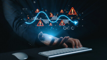 Economic caution visual showing risk alerts and financial volatility. Warning signs highlight...