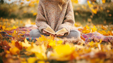 A peaceful, close-up image capturing the essence of autumn relaxation. A person wearing a chunky, textured knit sweater is seated on a blanket, holding open book. Foreground is framed by yellow leaves