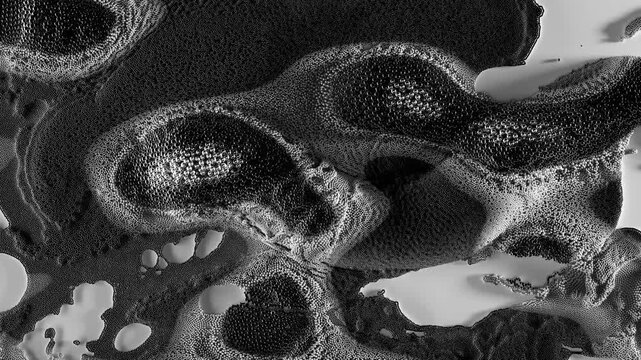 A surreal 3D texture of densely packed particle spheres forming abstract foam-like structures. The image resembles organic formations, generated with intricate digital design in black and white tones