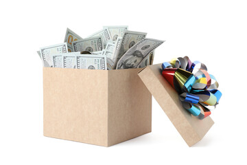 Gift box full of dollars isolated on white