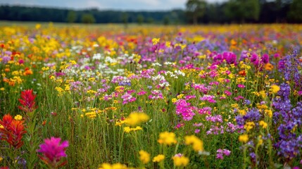 Fototapeta premium Stunning photo of colorful wildflower meadow with a variety of flowers in full bloom.
