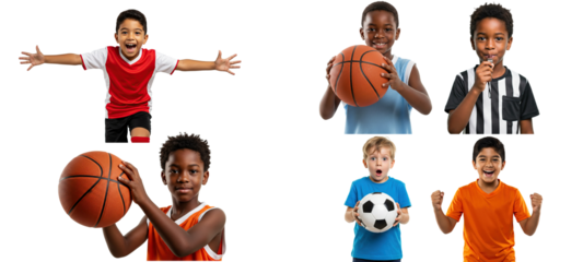 Diverse Happy Children Playing Sports Excitedly Isolated on Transparent Background