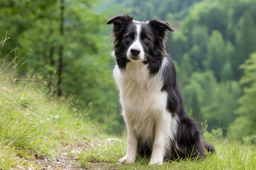 Fototapeta premium Border collie sitting on a forest hiking trail, attentive and watchful, portrait-style full body shot conveying loyalty, active outdoor lifestyle and companionship