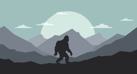 Silhouette of Bigfoot walking in a mountainous landscape at sunset.