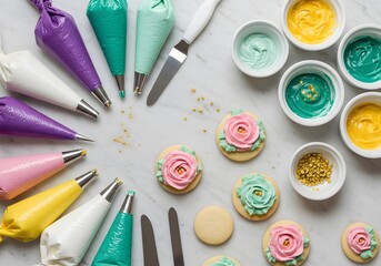 Colorful icing bags and decorated cookies on marble surface  