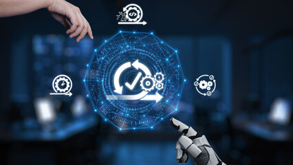 A human hand reaches towards a robotic arm in a modern digital workspace, illustrating the concept...