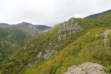 Mountain landscape of the Balkans: stones rocks trees pine needles sky space