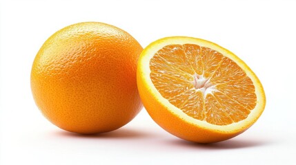 A whole orange and a halved orange showing the segments and rind on a white surface studio shot