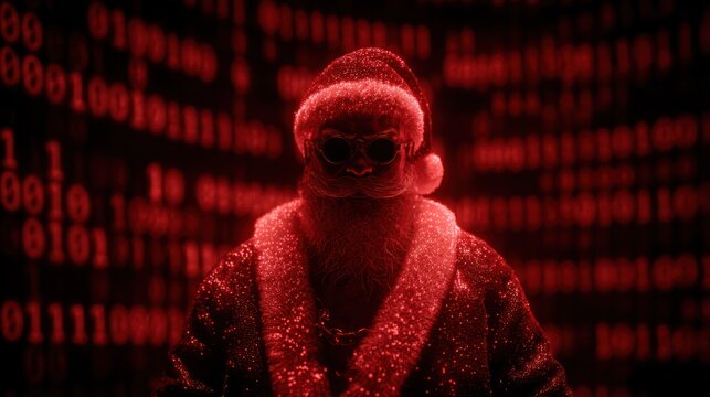 Mysterious santa claus figure with binary code backdrop in crimson light