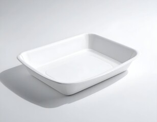 A close up shot of an empty, white, rectangular container against a white background