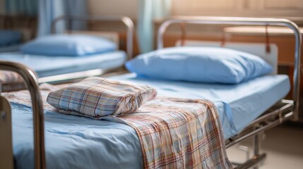 Stunning photo of empty hospital beds with blue linens and pillows in a medical ward.